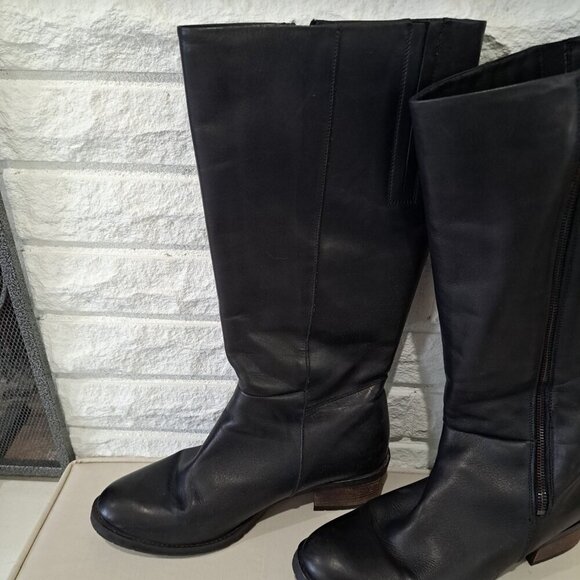 Eric Michael Women's  10.5 Boot Black Leather Knee High Rubber Stacked Wood Heel - Picture 4 of 13